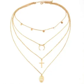 Gold Cross Mother Mary Crescent Necklace