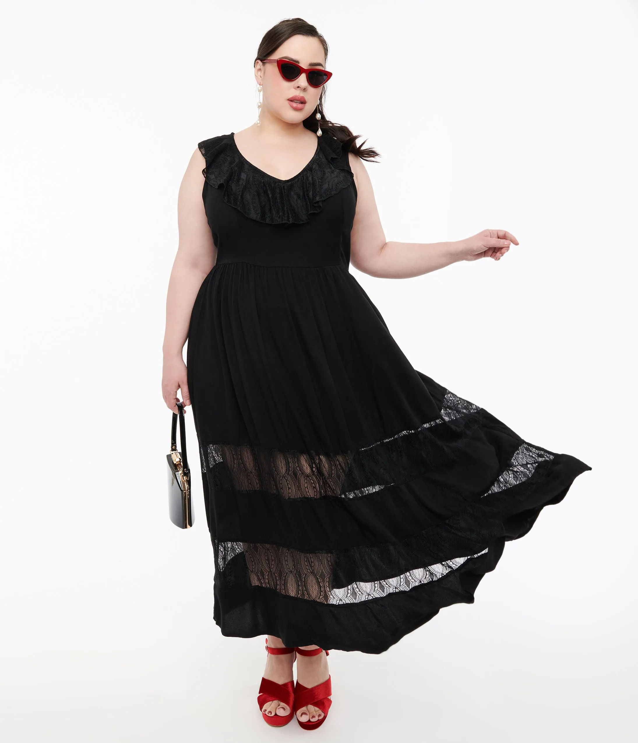 Hell Bunny 1970s Black Lace Maxi Dress