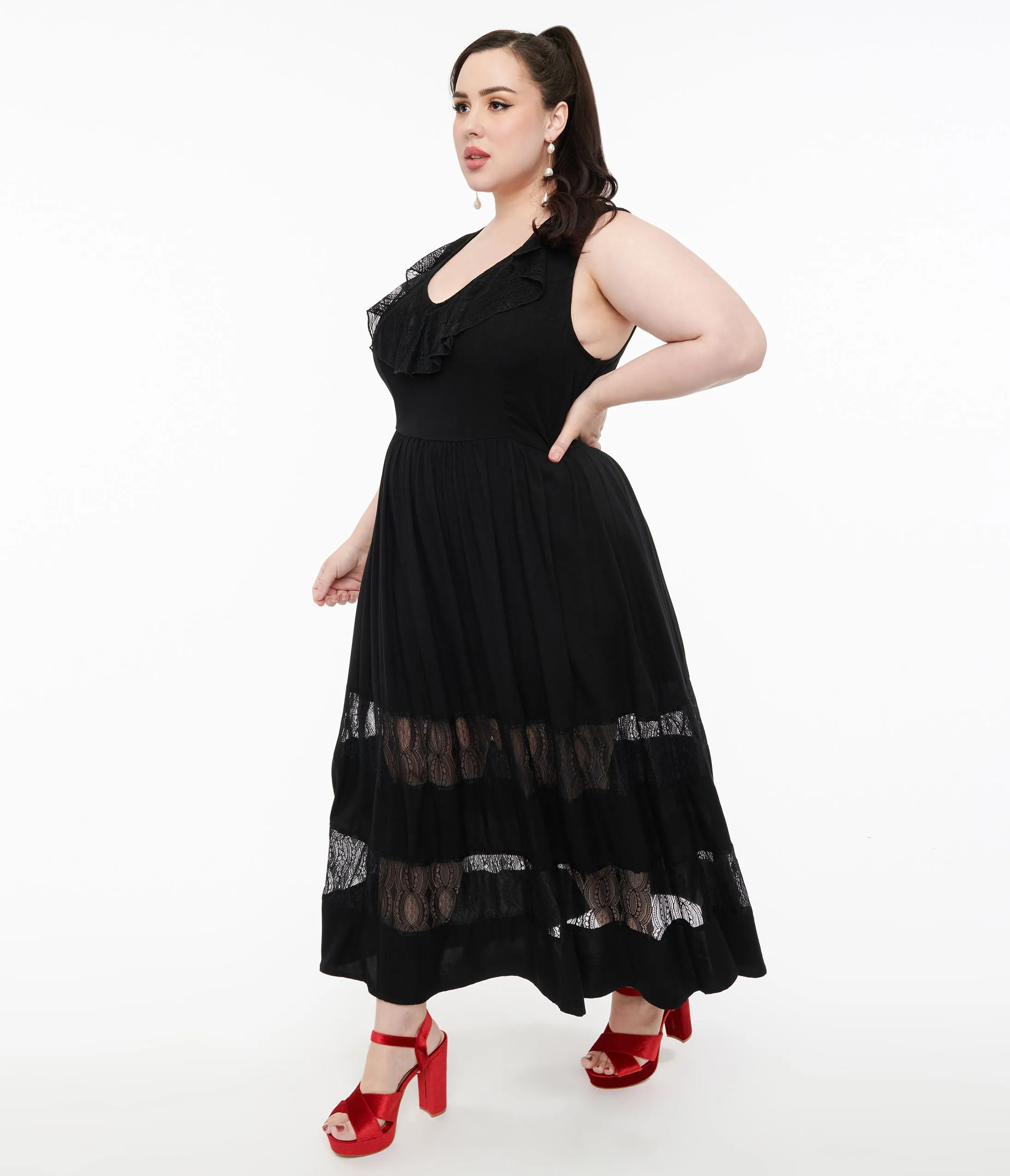 Hell Bunny 1970s Black Lace Maxi Dress