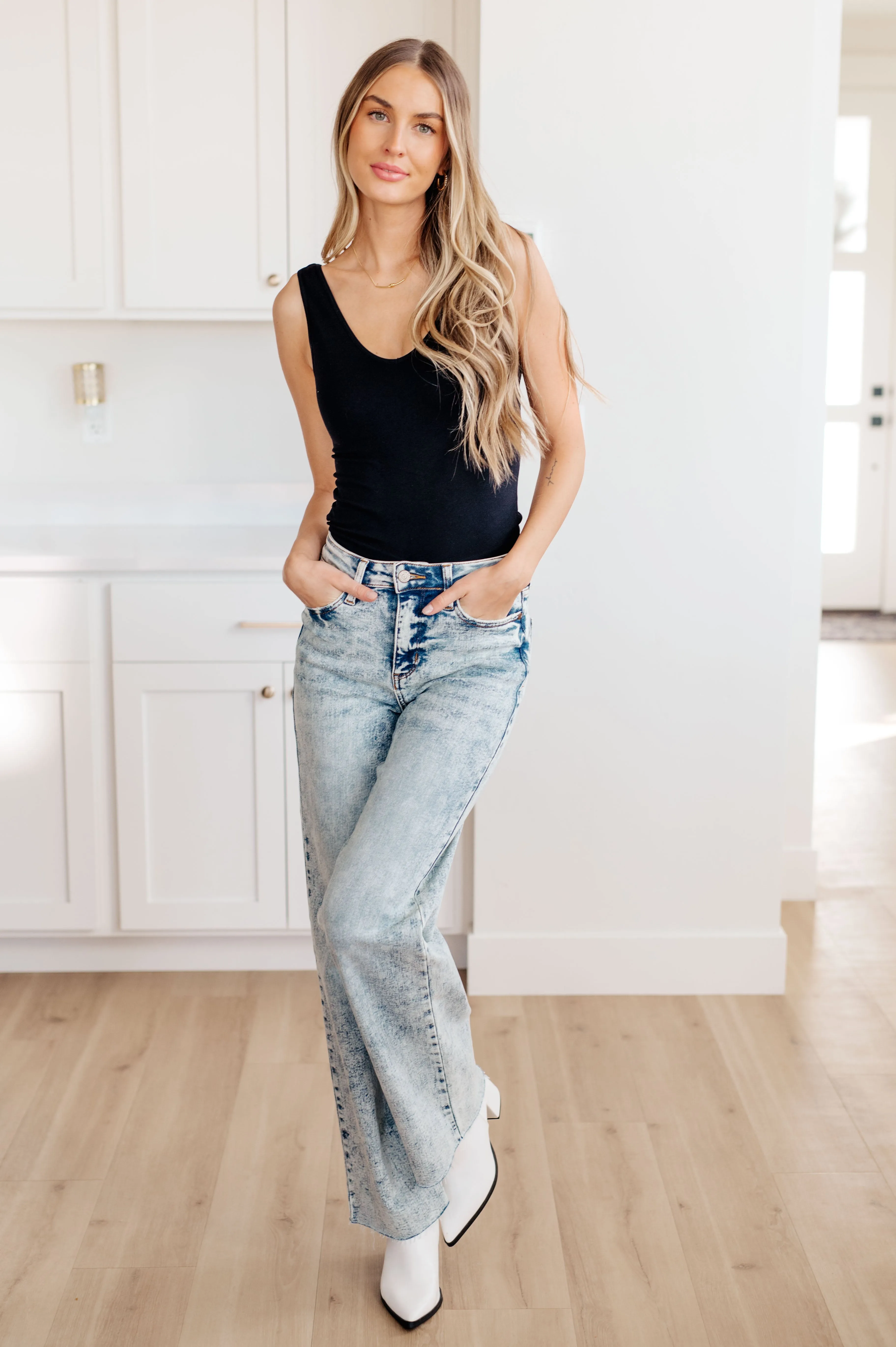 High Waist Raw Hem Wide Leg Jeans