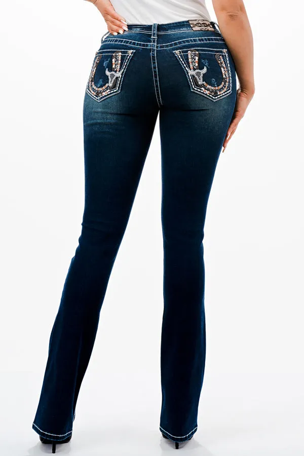 Horse Shoe Detail Embellished Mid Rise Bootcut Jeans