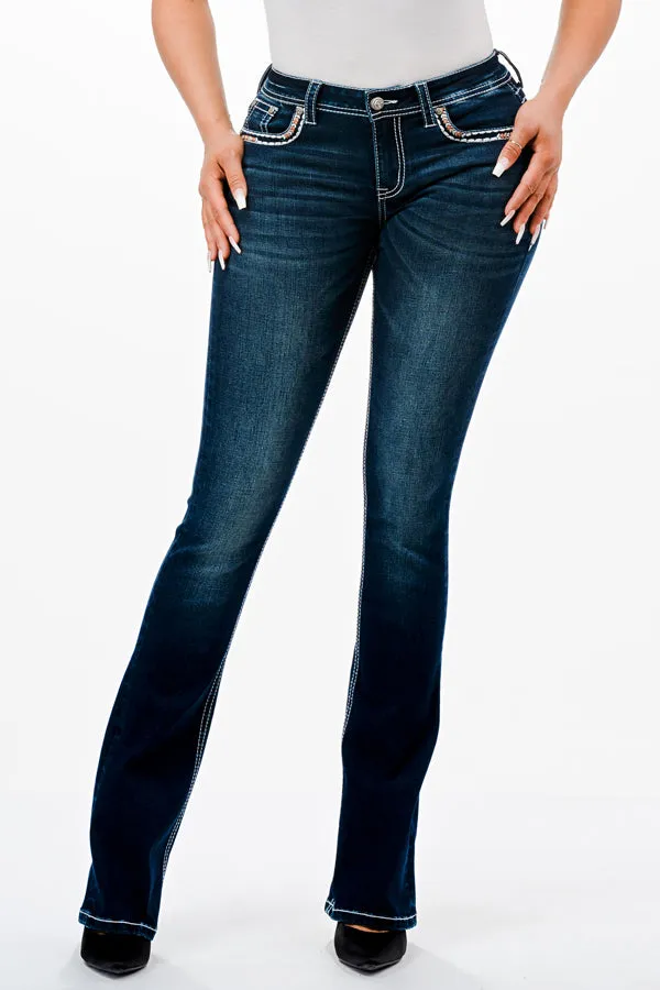 Horse Shoe Detail Embellished Mid Rise Bootcut Jeans