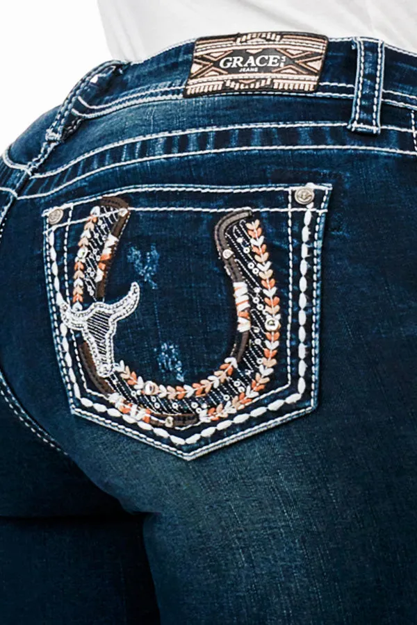 Horse Shoe Detail Embellished Mid Rise Bootcut Jeans