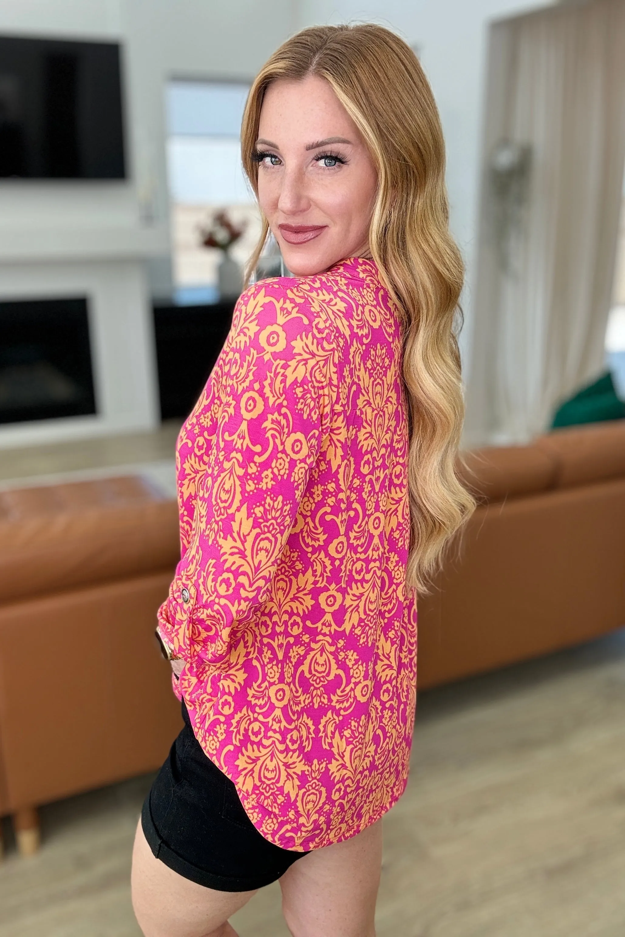 Hot Pink and Tangerine Damask Lizzy Top