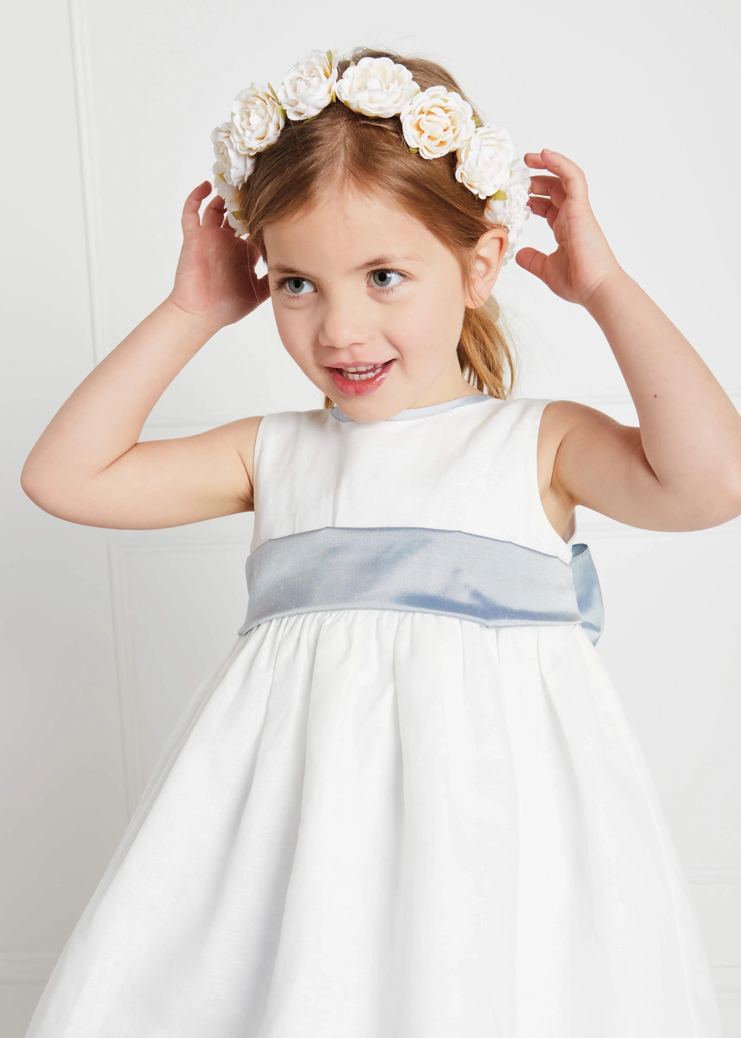 Sleeveless Ivory Flower Girl Dress with Blue Silk Sash (12mths-10yrs)