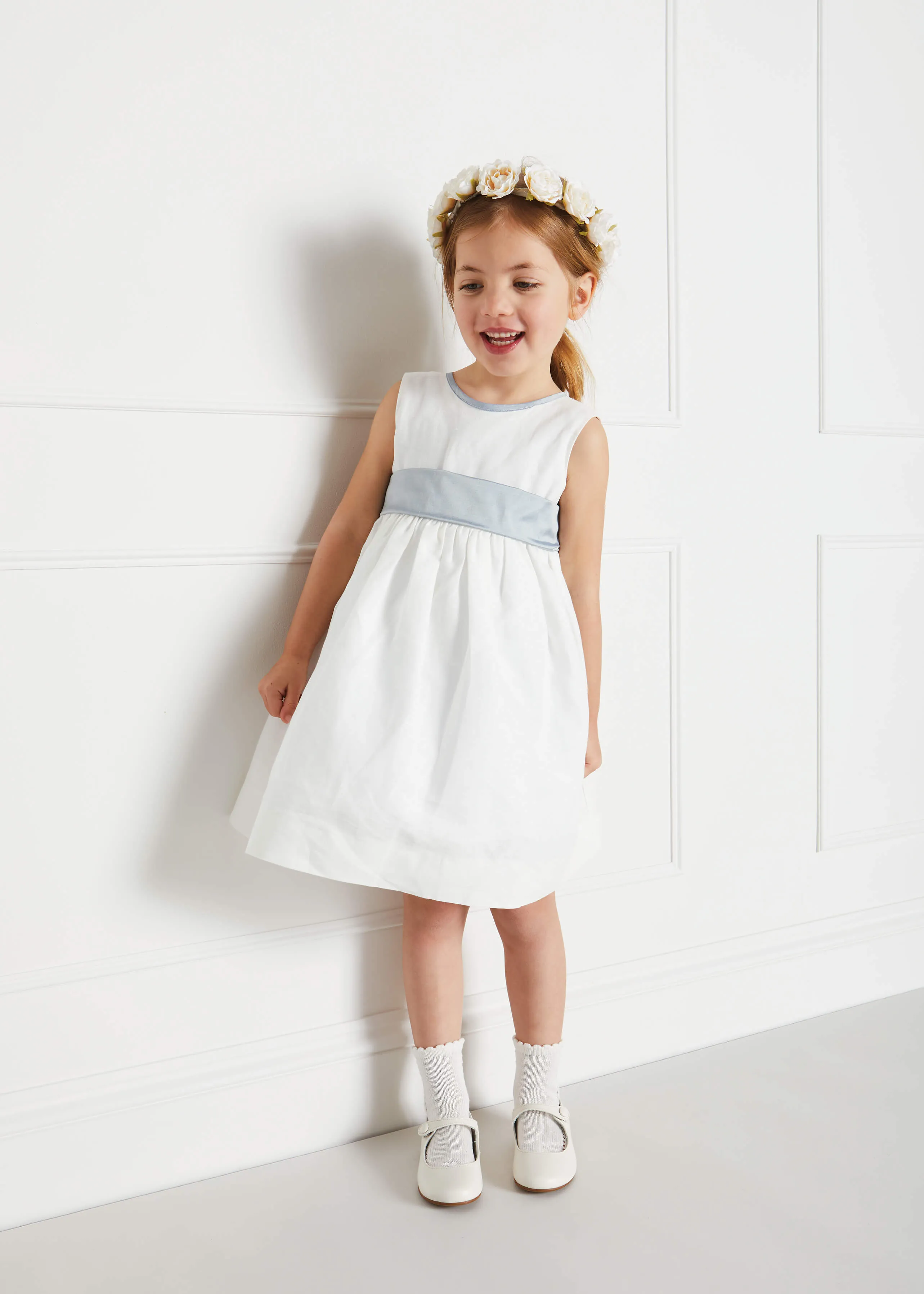 Sleeveless Ivory Flower Girl Dress with Blue Silk Sash (12mths-10yrs)