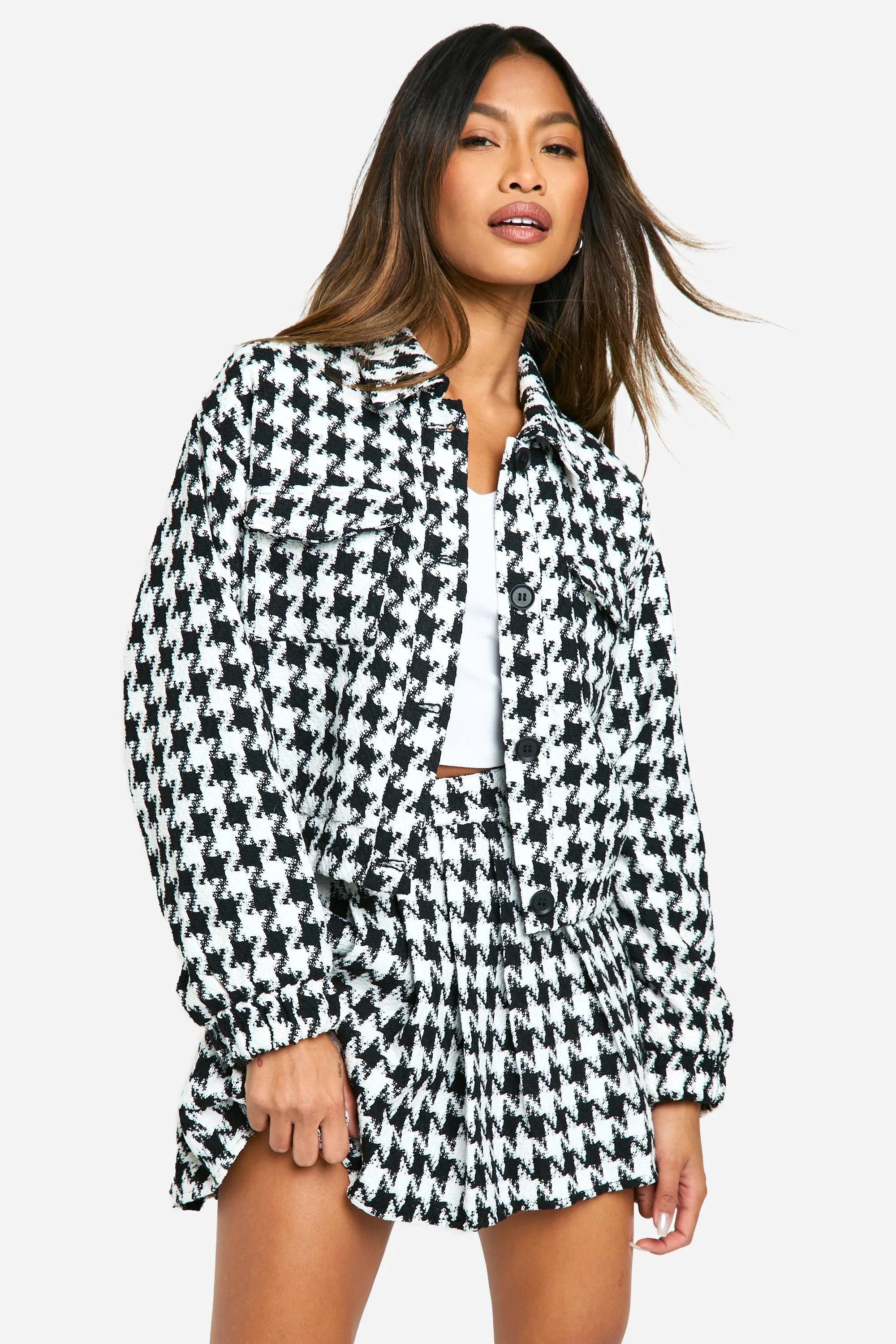 Stylish Houndstooth Boucle Bomber Jacket