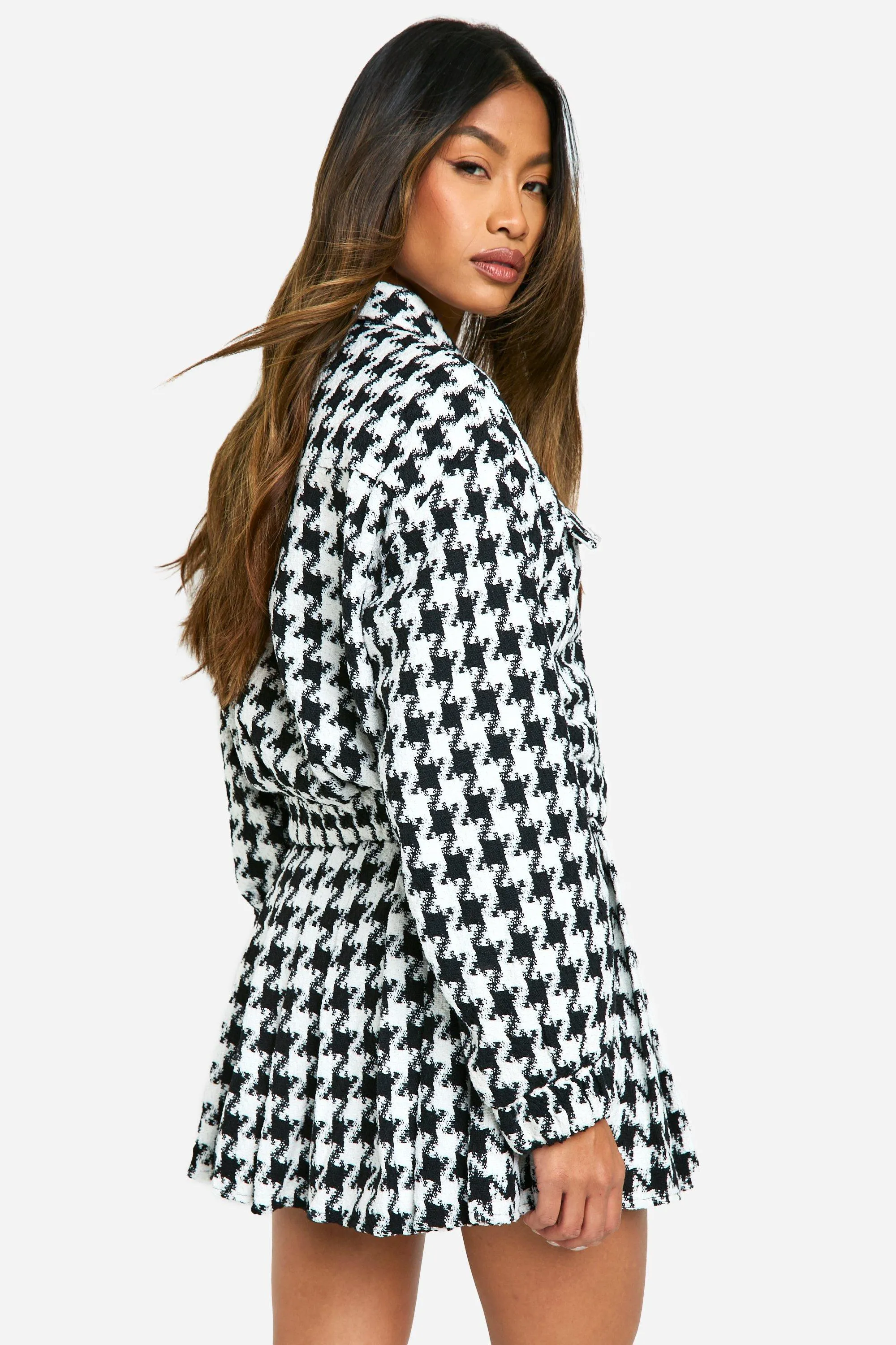 Stylish Houndstooth Boucle Bomber Jacket