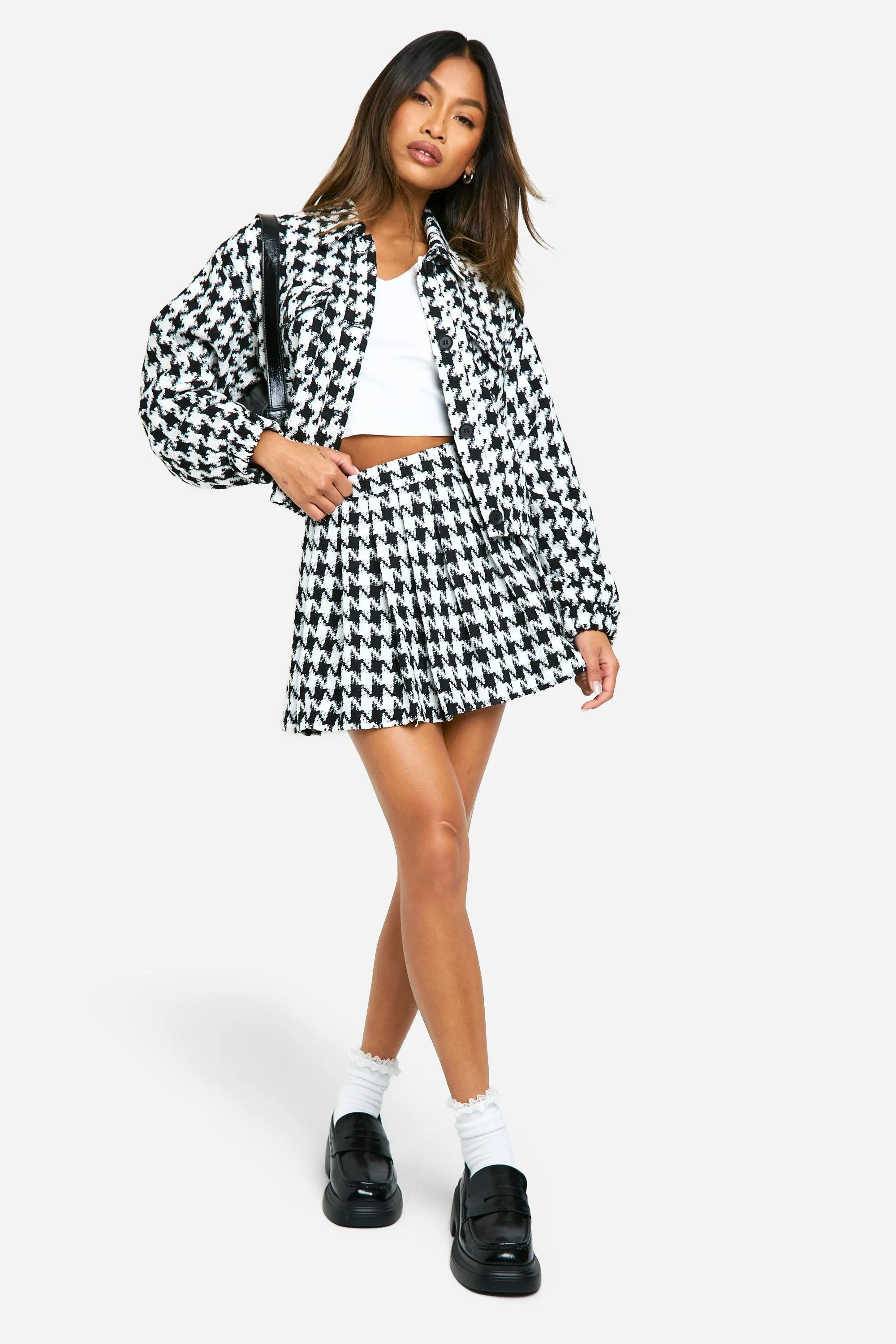 Stylish Houndstooth Boucle Bomber Jacket