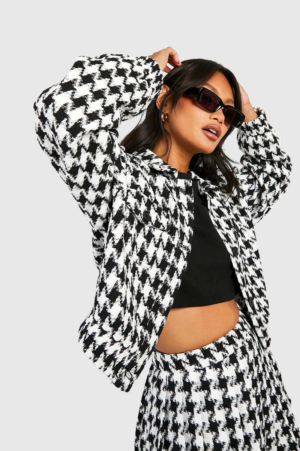 Stylish Houndstooth Boucle Bomber Jacket