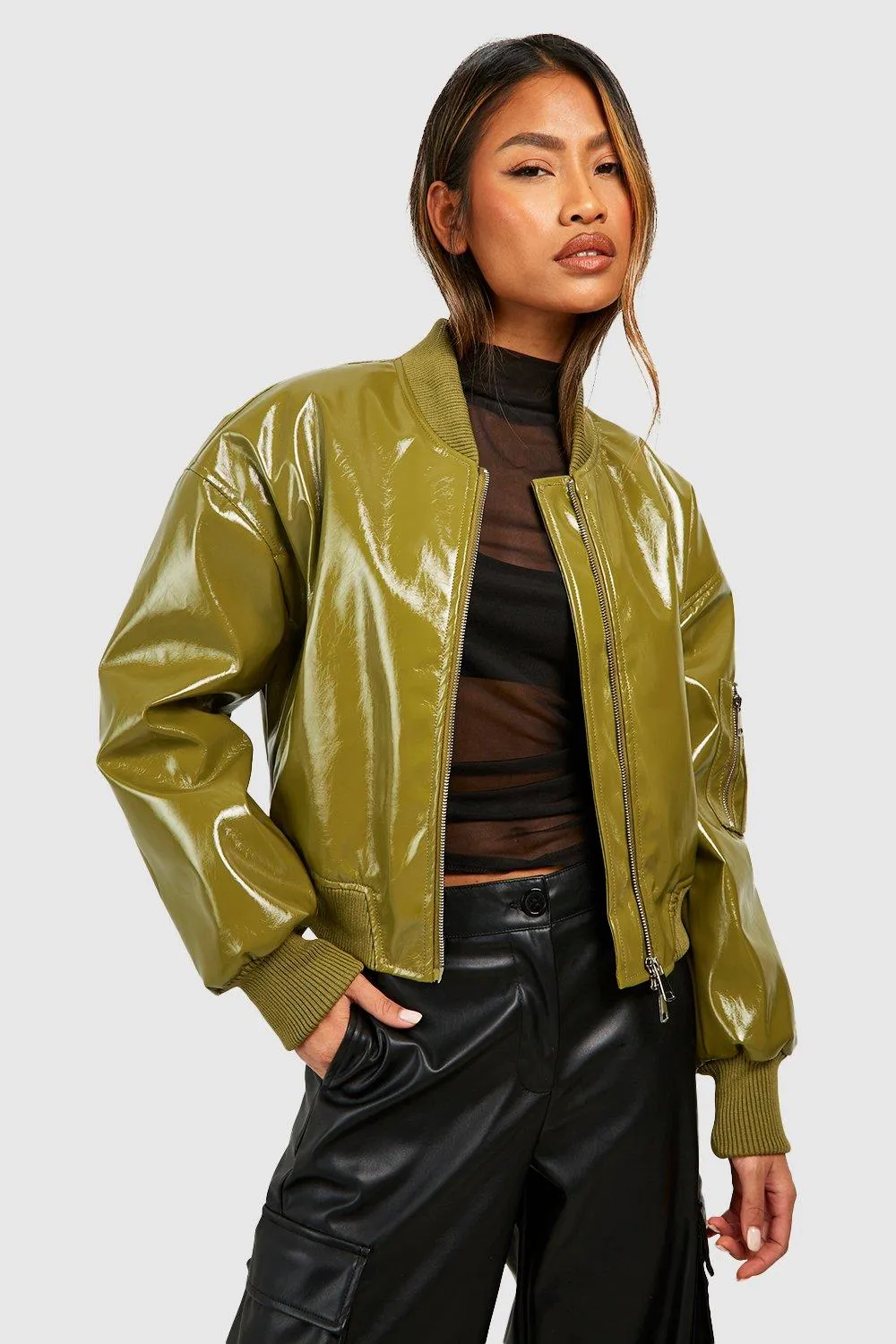 Sleek Vinyl Crop Faux Leather Bomber