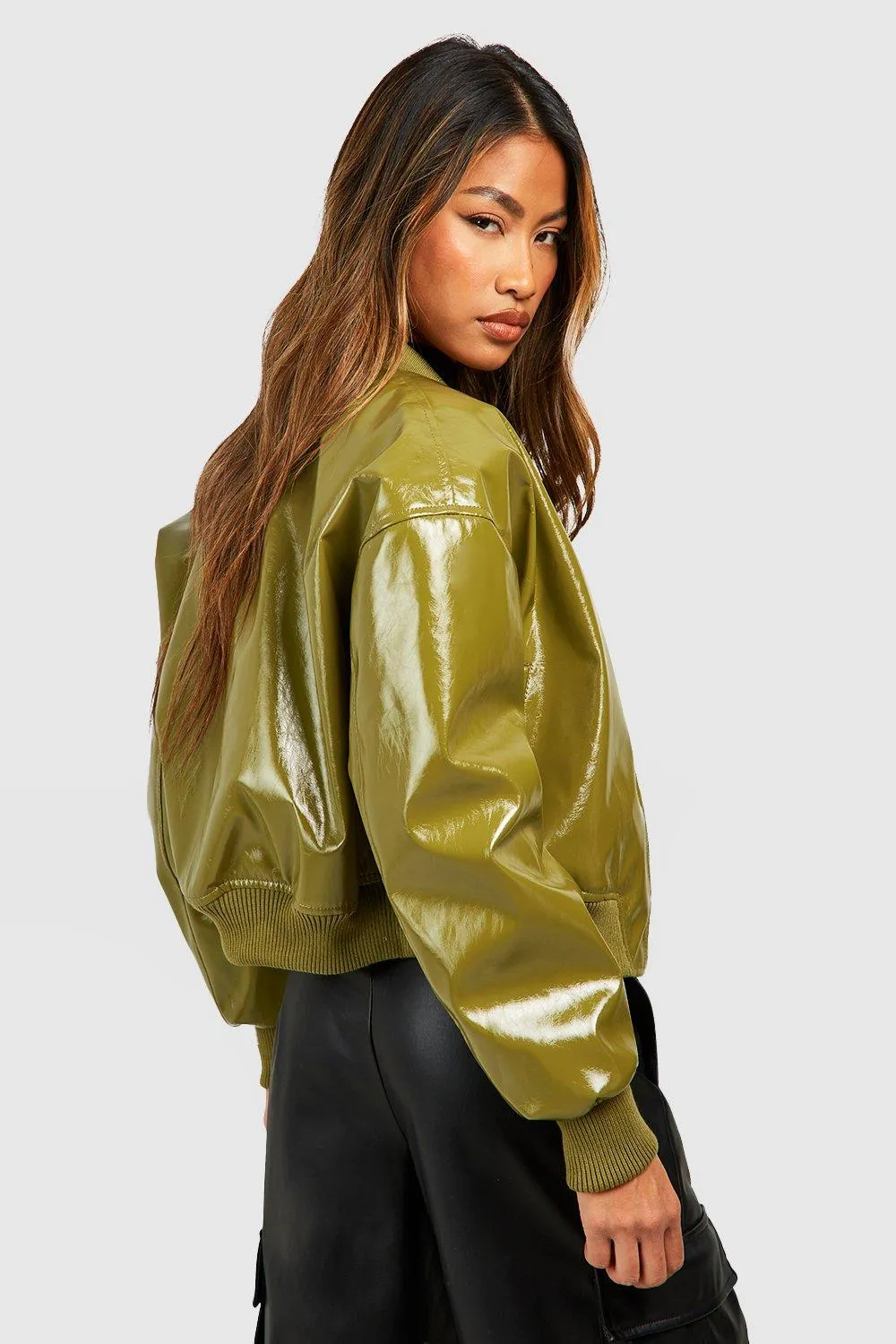 Sleek Vinyl Crop Faux Leather Bomber