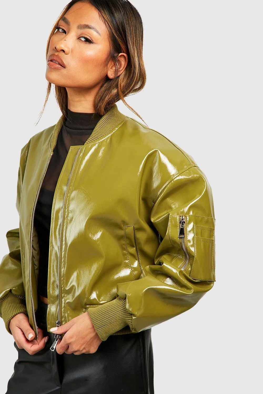 Sleek Vinyl Crop Faux Leather Bomber