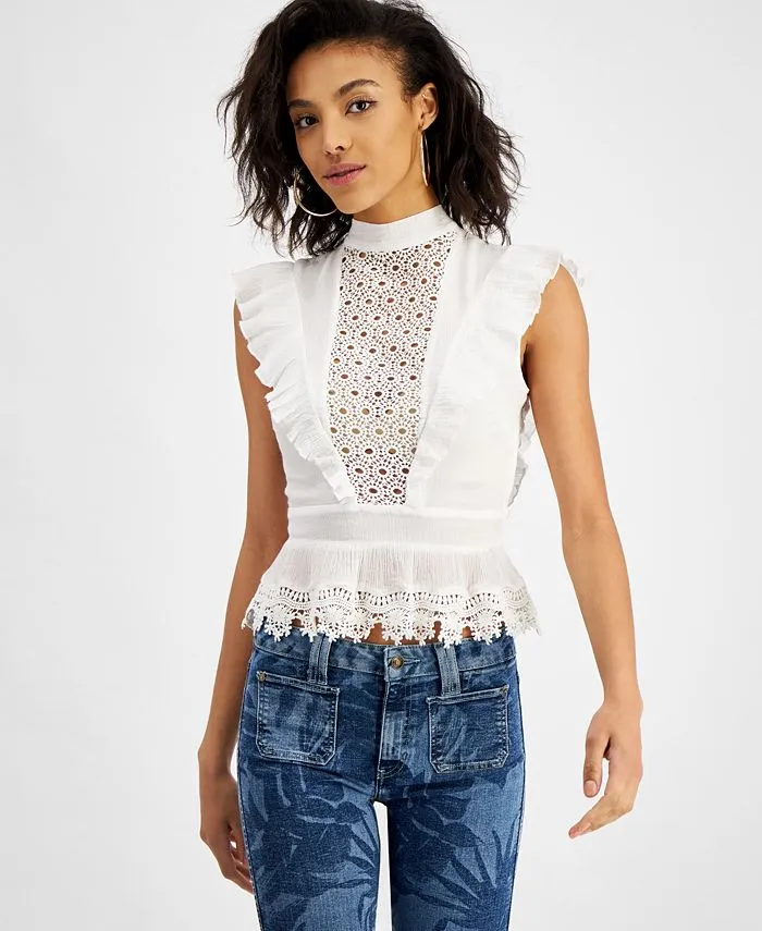 GUESS White Cotton Lace Detail Top