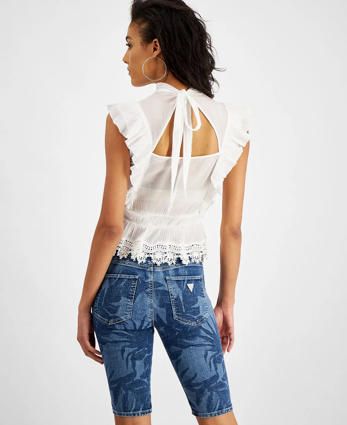 GUESS White Cotton Lace Detail Top