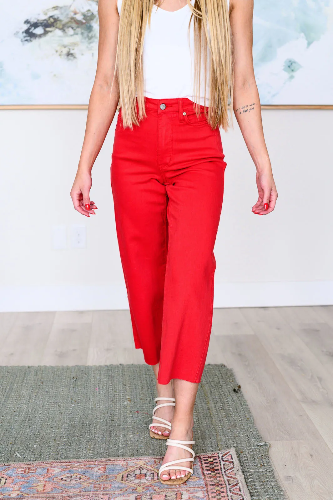 Red Wide Leg Crop Jeans with Control Top by Judy Blue Lisa