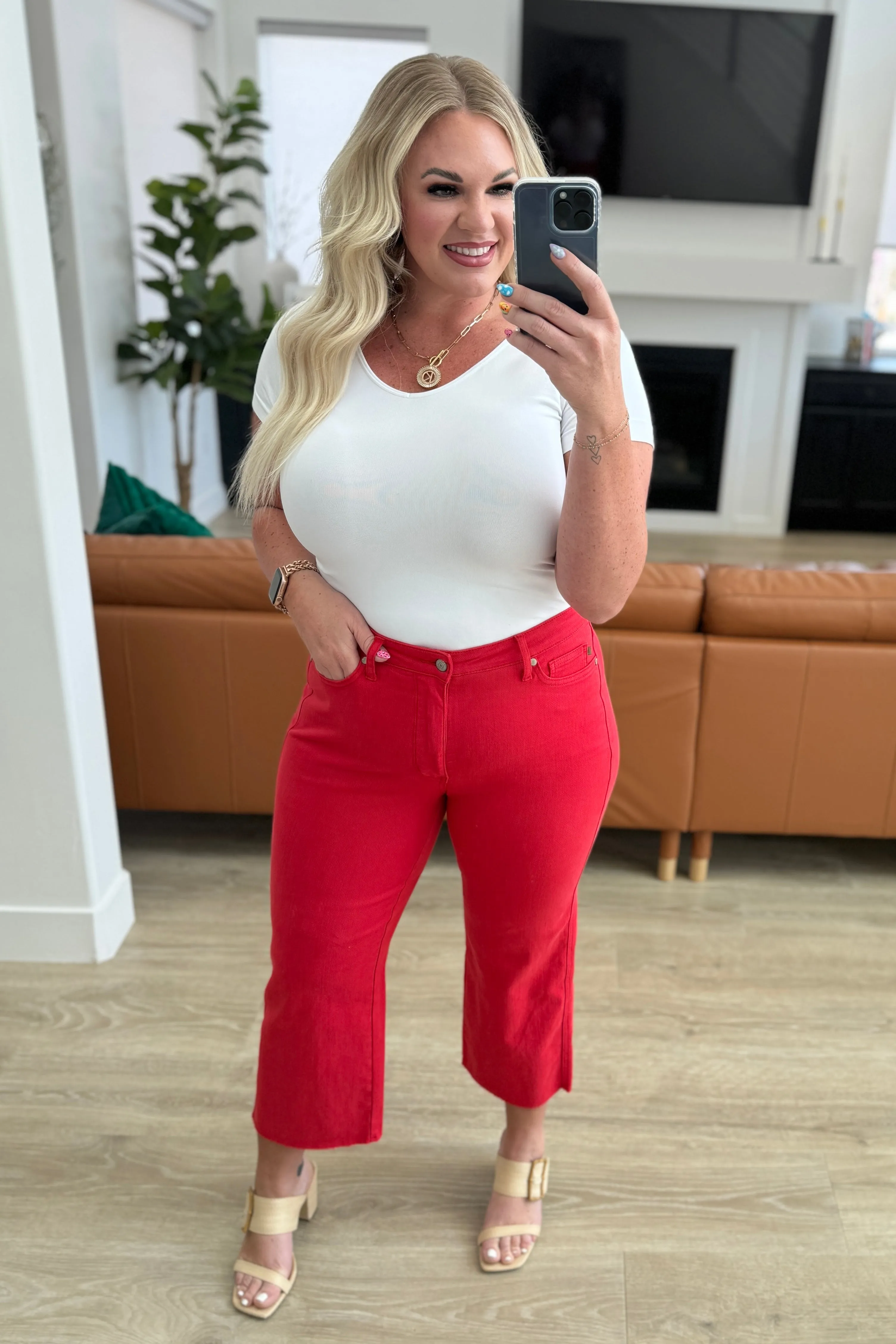 Red Wide Leg Crop Jeans with Control Top by Judy Blue Lisa