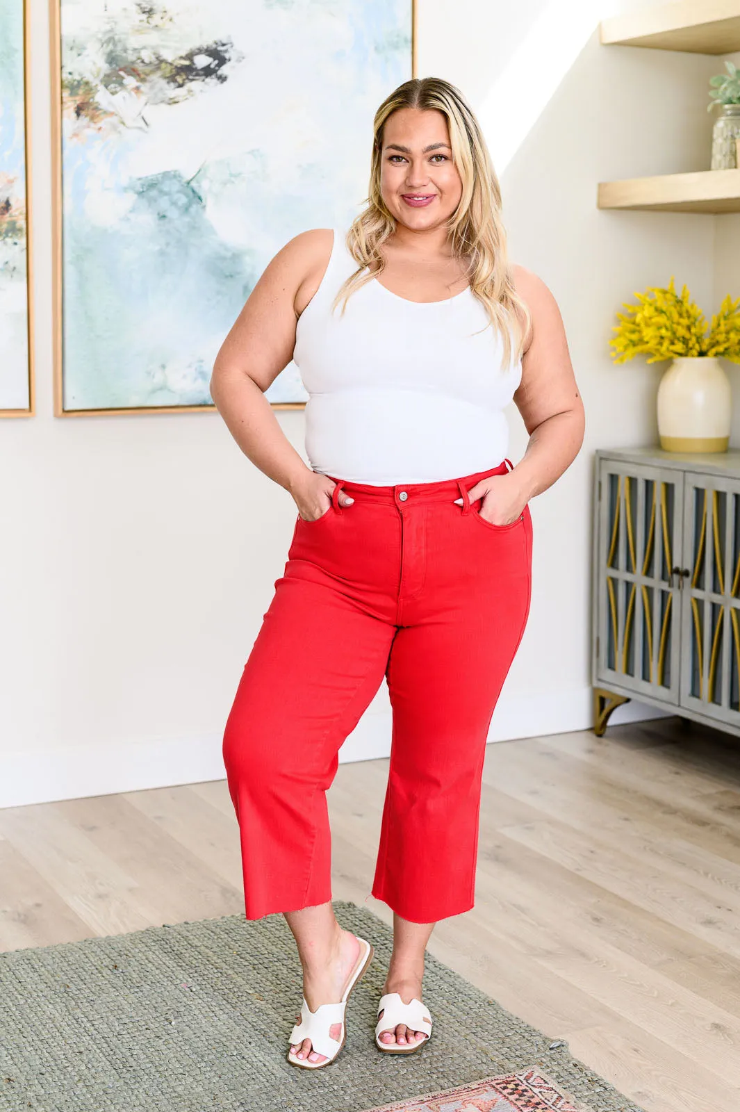 Red Wide Leg Crop Jeans with Control Top by Judy Blue Lisa