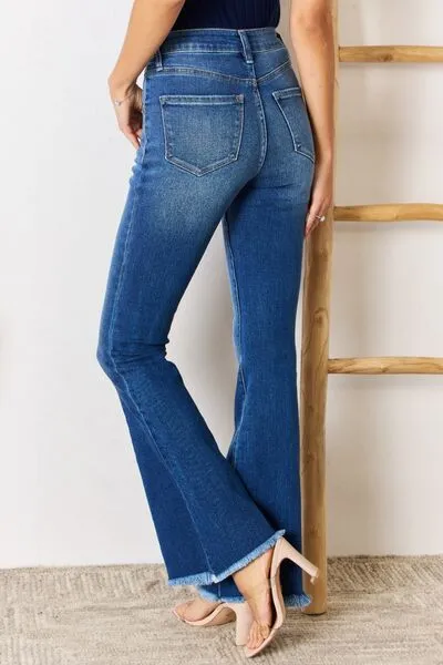 High Rise Raw Hem Flare Jeans by Kancan