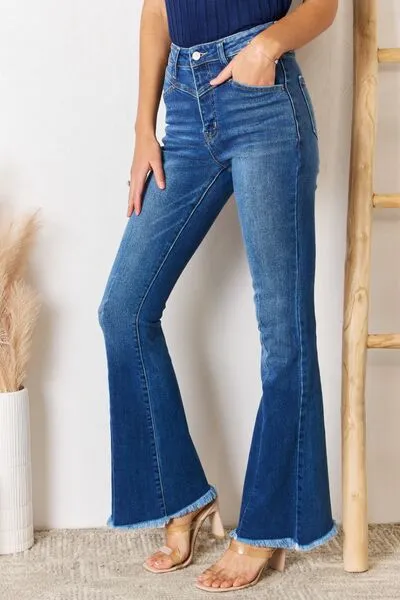 High Rise Raw Hem Flare Jeans by Kancan