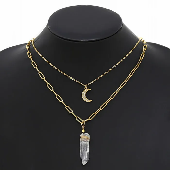 Layered Chain Necklace with Crecent Moon and Crystal Rock Pendants