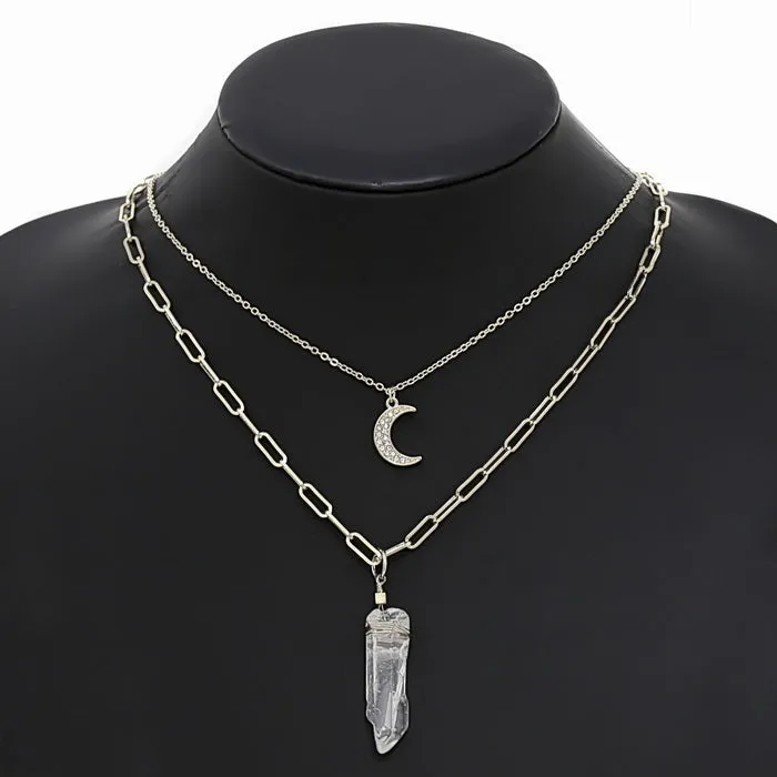 Layered Chain Necklace with Crecent Moon and Crystal Rock Pendants