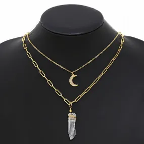 Layered Chain Necklace with Crecent Moon and Crystal Rock Pendants