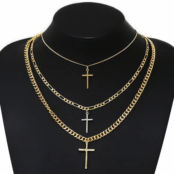 Set of Layered Necklaces with Cross Pendants