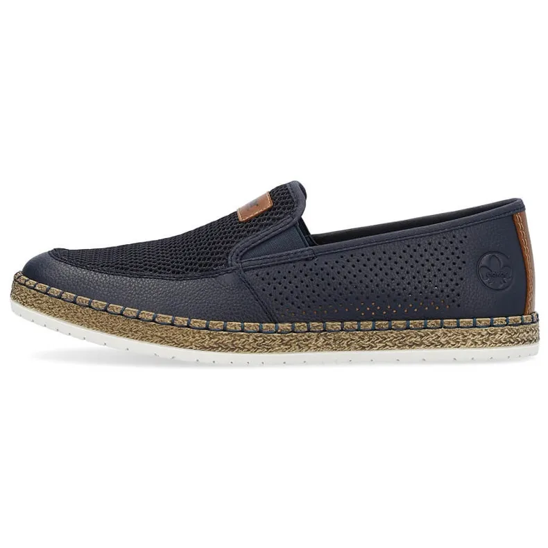 Rieker B5271-14 Navy Blue Leather Men's Slip-On Shoes with Comfortable Openwork Design