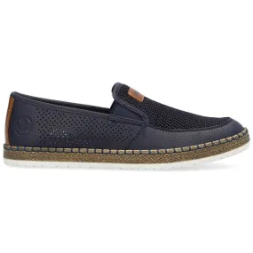 Rieker B5271-14 Navy Blue Leather Men's Slip-On Shoes with Comfortable Openwork Design