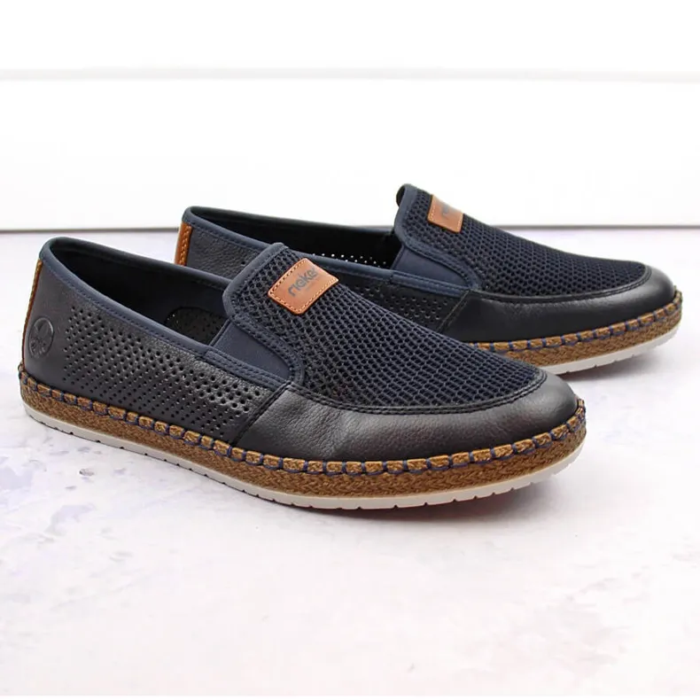 Rieker B5271-14 Navy Blue Leather Men's Slip-On Shoes with Comfortable Openwork Design