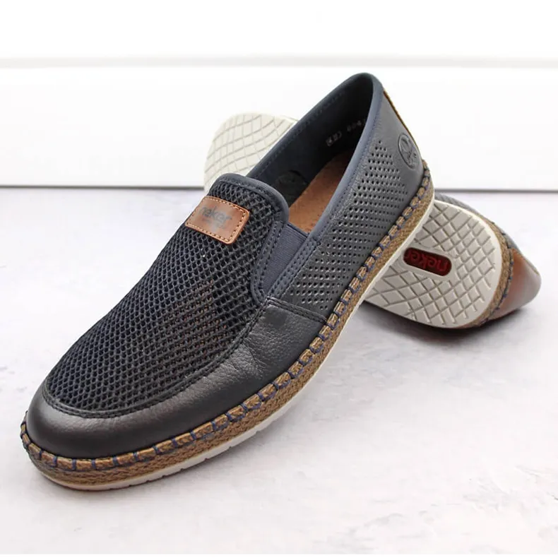 Rieker B5271-14 Navy Blue Leather Men's Slip-On Shoes with Comfortable Openwork Design