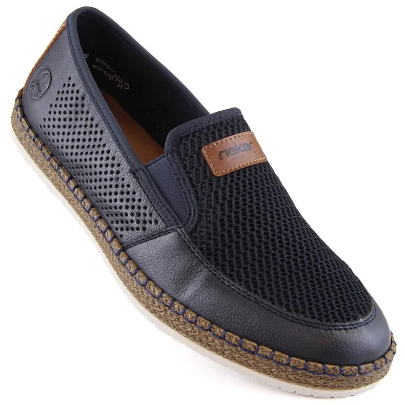 Rieker B5271-14 Navy Blue Leather Men's Slip-On Shoes with Comfortable Openwork Design