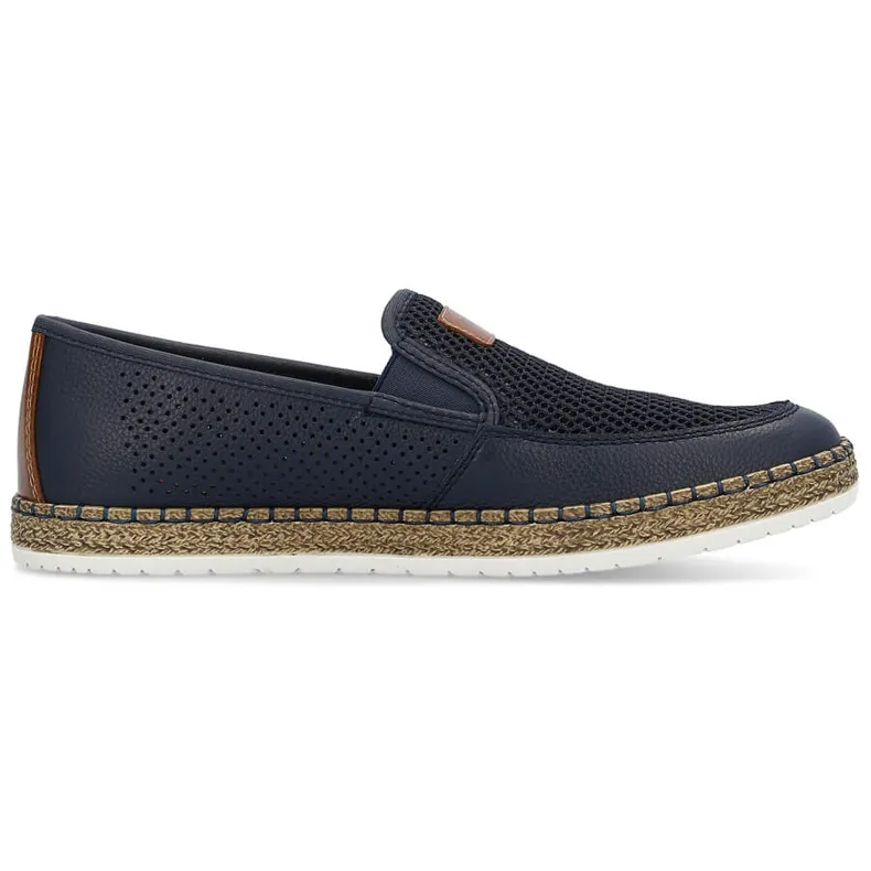 Rieker B5271-14 Navy Blue Leather Men's Slip-On Shoes with Comfortable Openwork Design