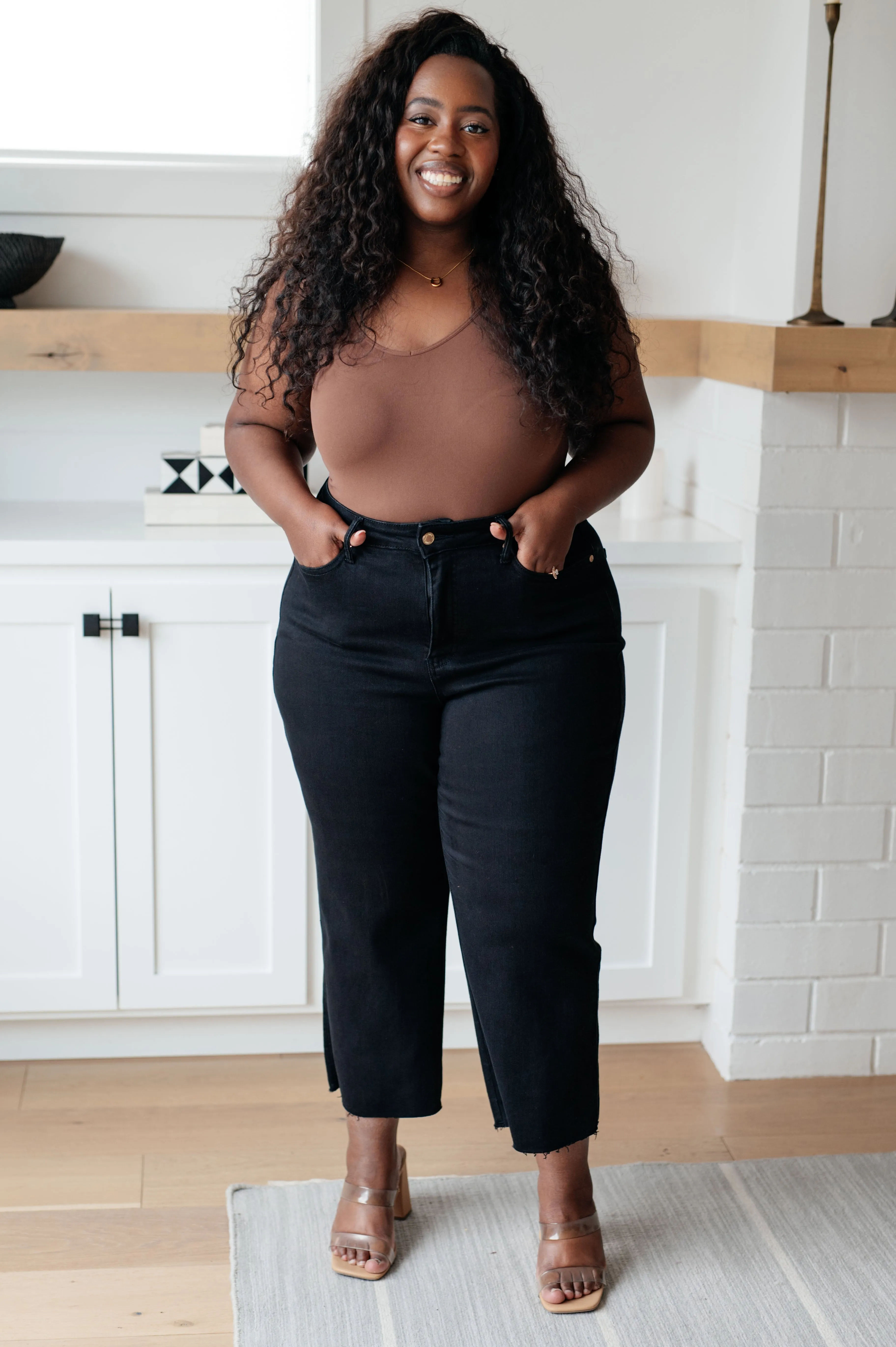 Black Wide Leg Crop Jeans with Control Top by Lizzy