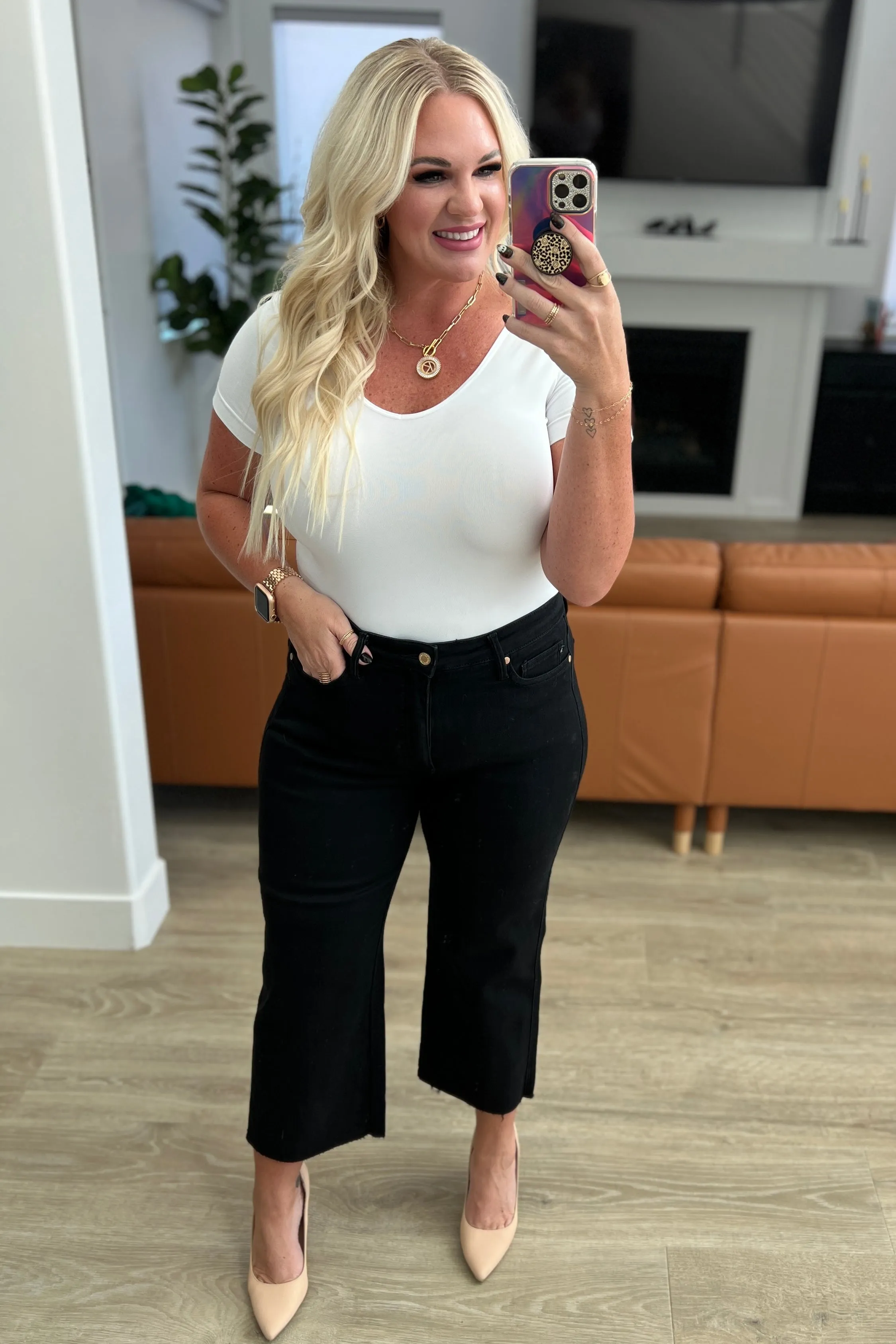 Black Wide Leg Crop Jeans with Control Top by Lizzy