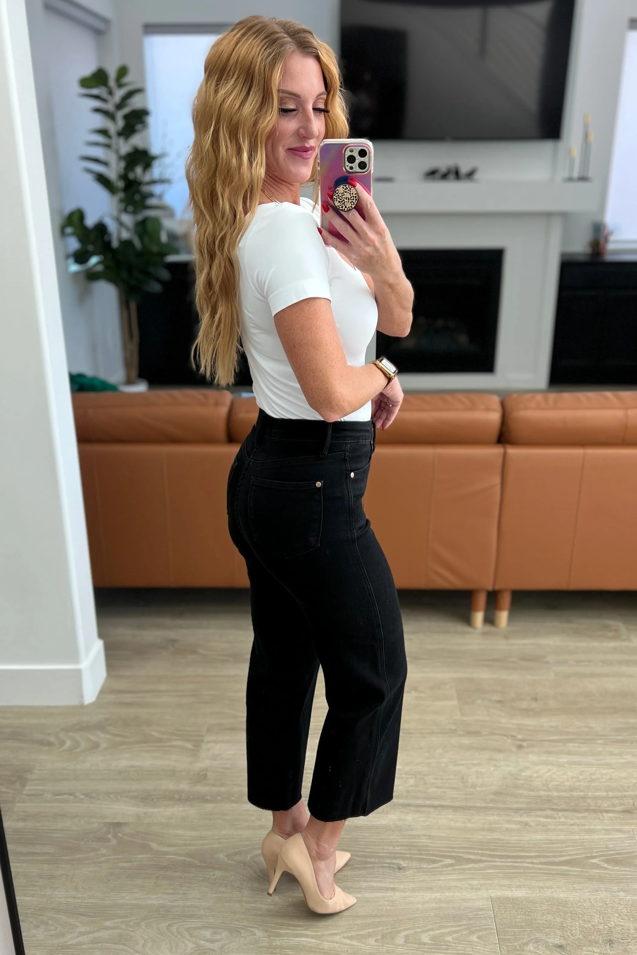 Black Wide Leg Crop Jeans with Control Top by Lizzy