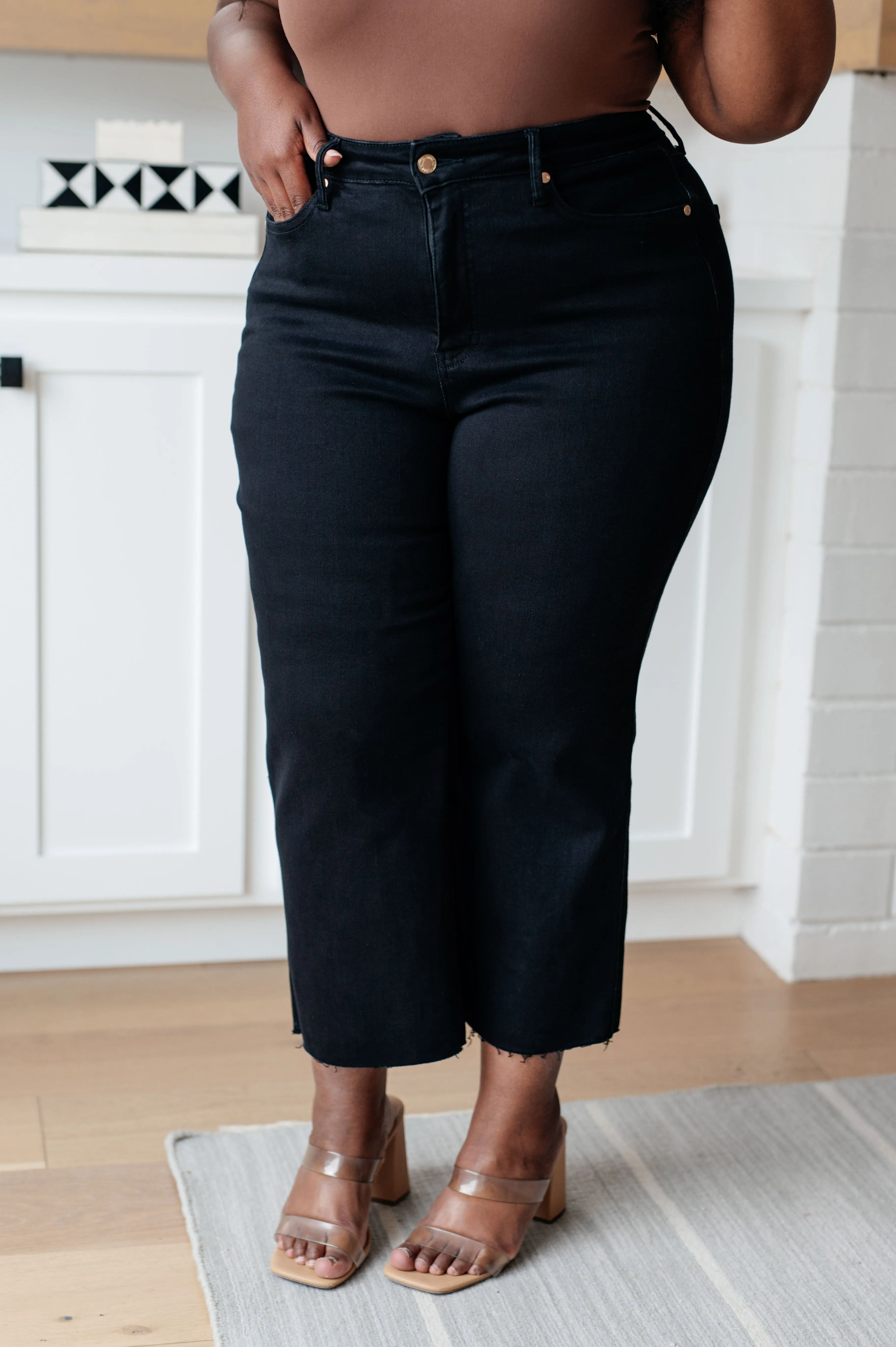 Black Wide Leg Crop Jeans with Control Top by Lizzy