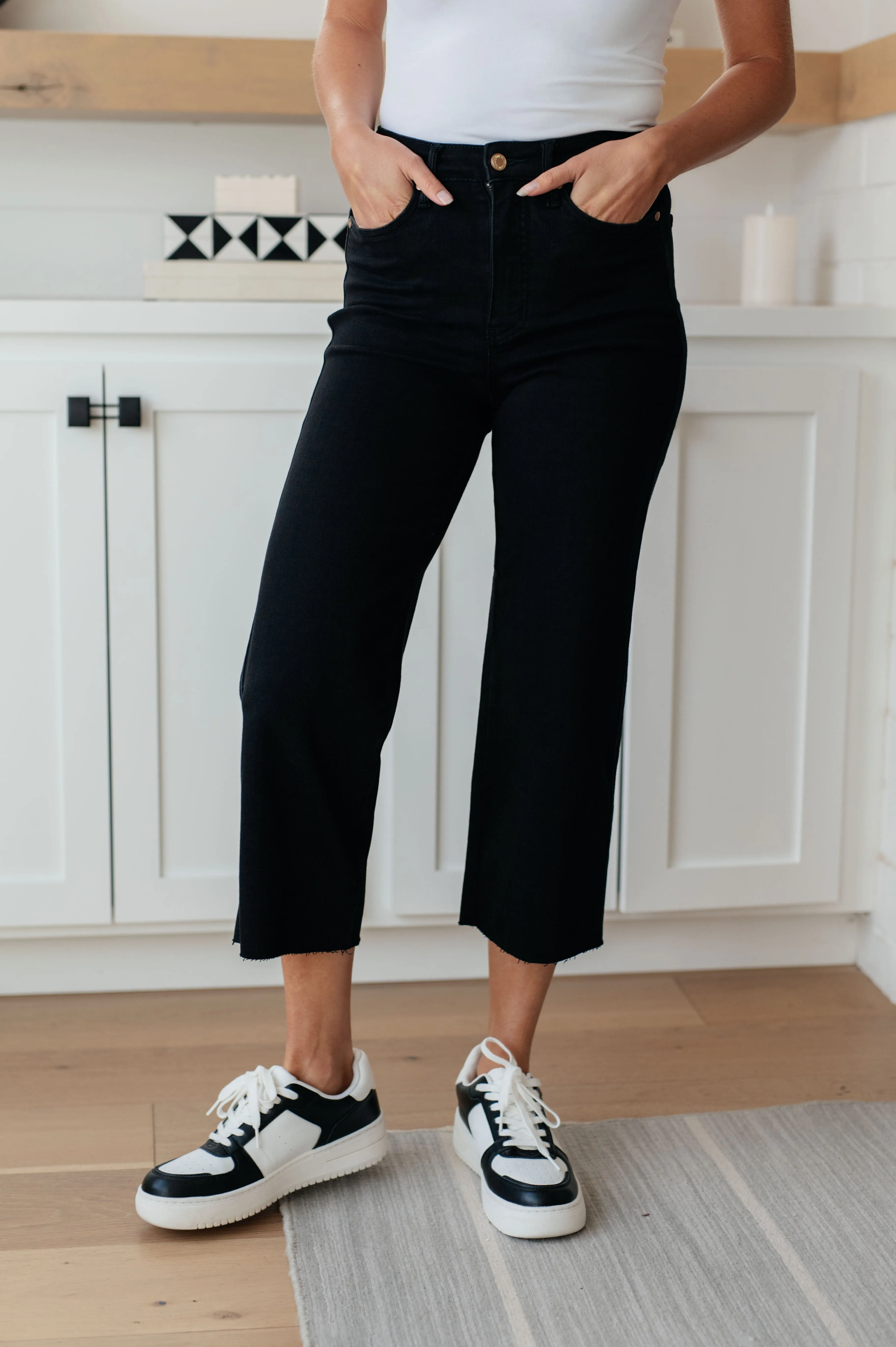 Black Wide Leg Crop Jeans with Control Top by Lizzy