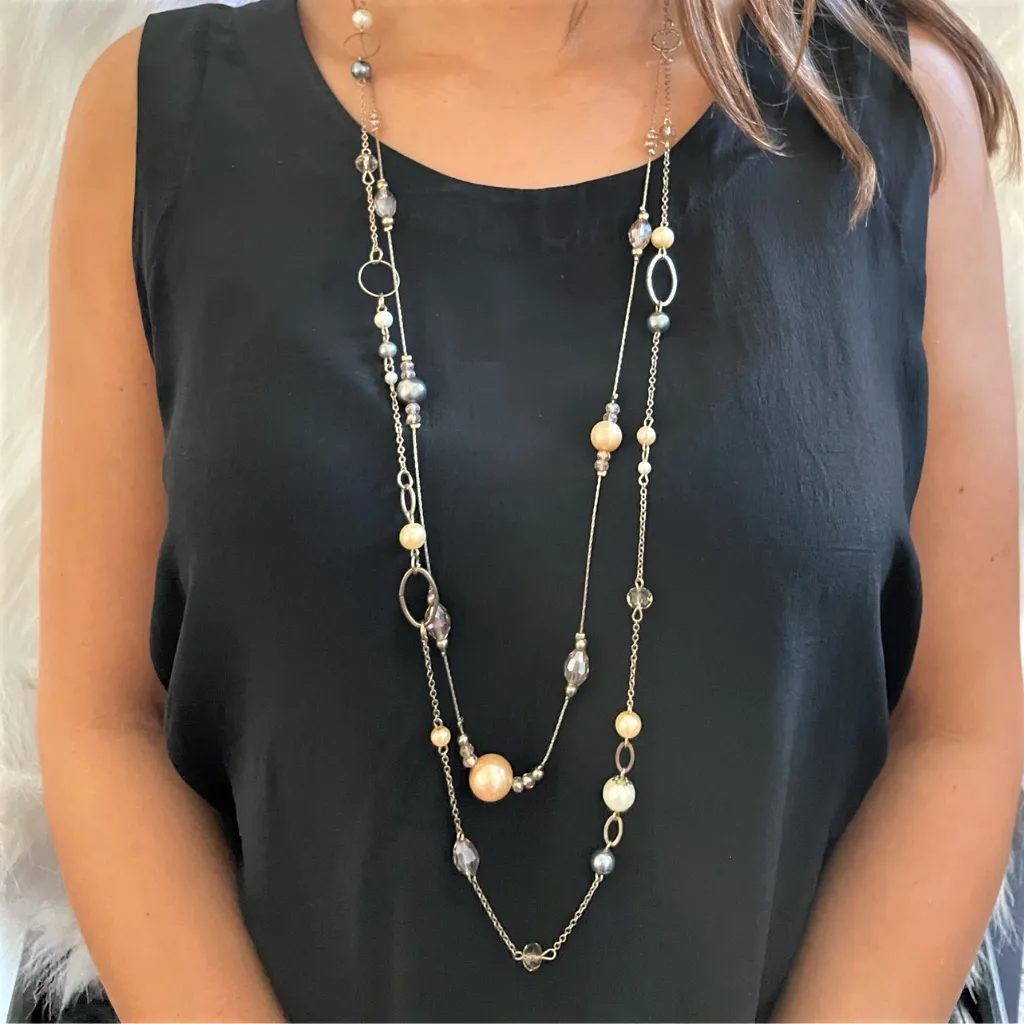 Long Gold Chain Bead Layered Necklace