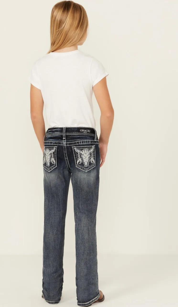 Medium Wash Girls' Bootcut Jeans with Longhorn Skull Design