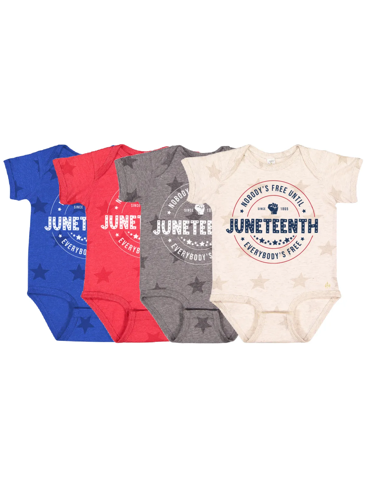 Juneteenth Baby Bodysuits - Red, Blue, Gray, & Natural Stars