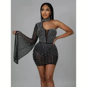 One-Shoulder Flare Sleeve Rhinestones Irregular Party Dress