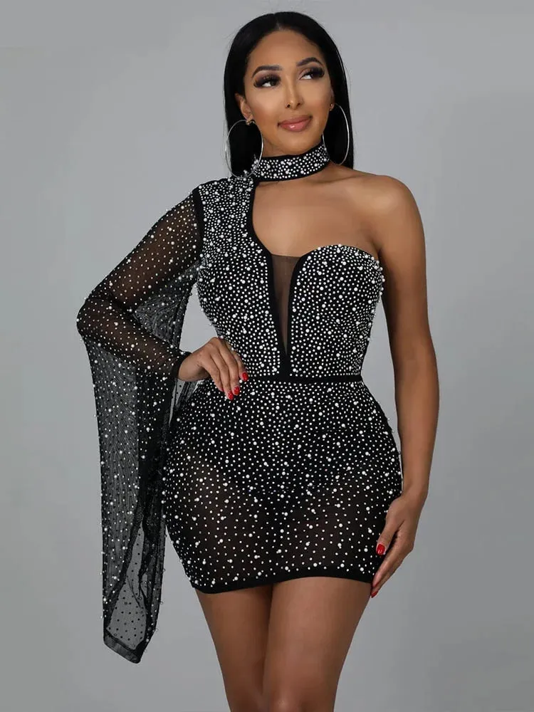 One-Shoulder Flare Sleeve Rhinestones Irregular Party Dress