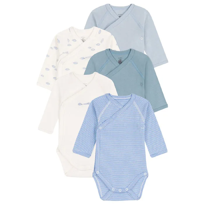 Petit Bateau Blue Cloud Print Baby Long Sleeved Bodysuits Set of Five