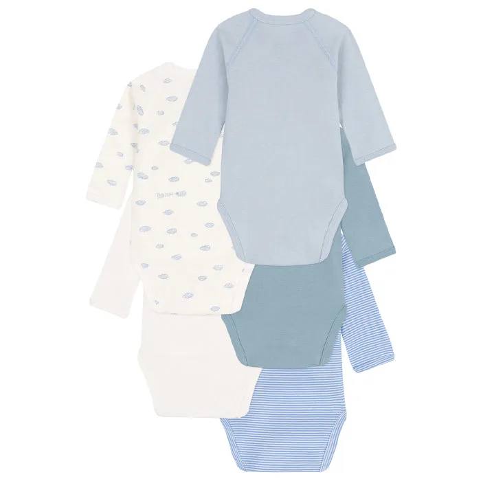 Petit Bateau Blue Cloud Print Baby Long Sleeved Bodysuits Set of Five