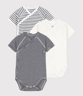 Baby Boy 3-Pack Short Sleeve Crossover Striped Solid Bodysuits by Petit Bateau