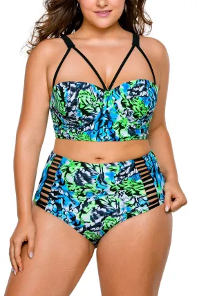 High Waist Bikini Swimsuit with Green Print