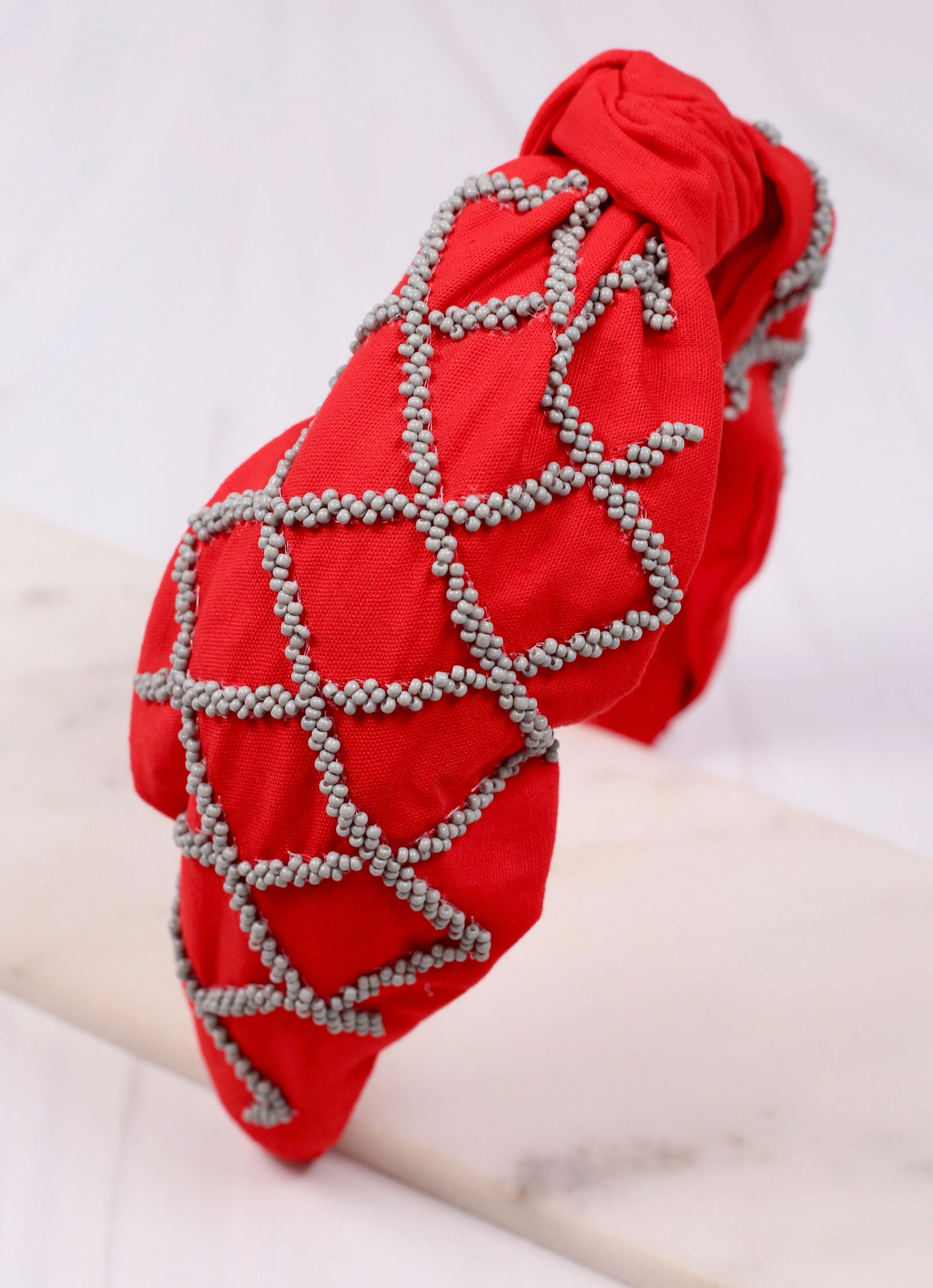 Lattice Beaded Headband RED GRAY