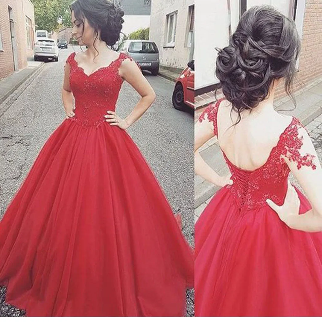 Red Lace V-neck Open Back Ball Gown Wedding Party Dress